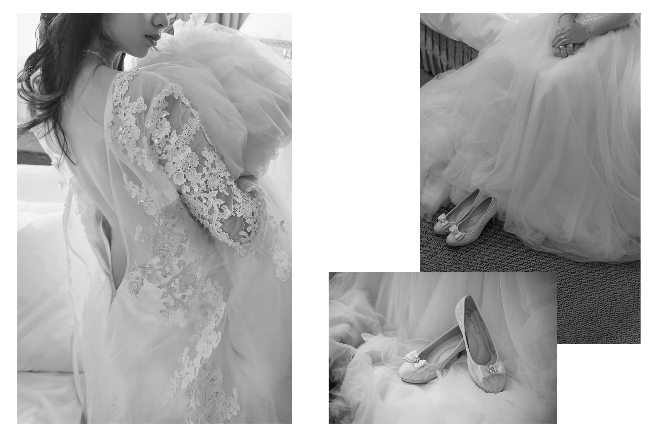 這張照片是一名穿著婚紗的新娘正在整理她的婚鞋。