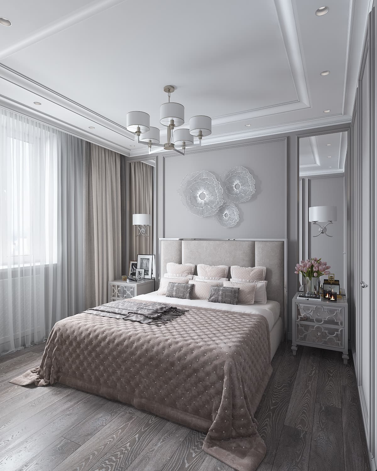 這張照片是一間臥室,重點是床。床鋪上放著柔軟的被子,床頭板是灰色,上面放著幾個枕頭。