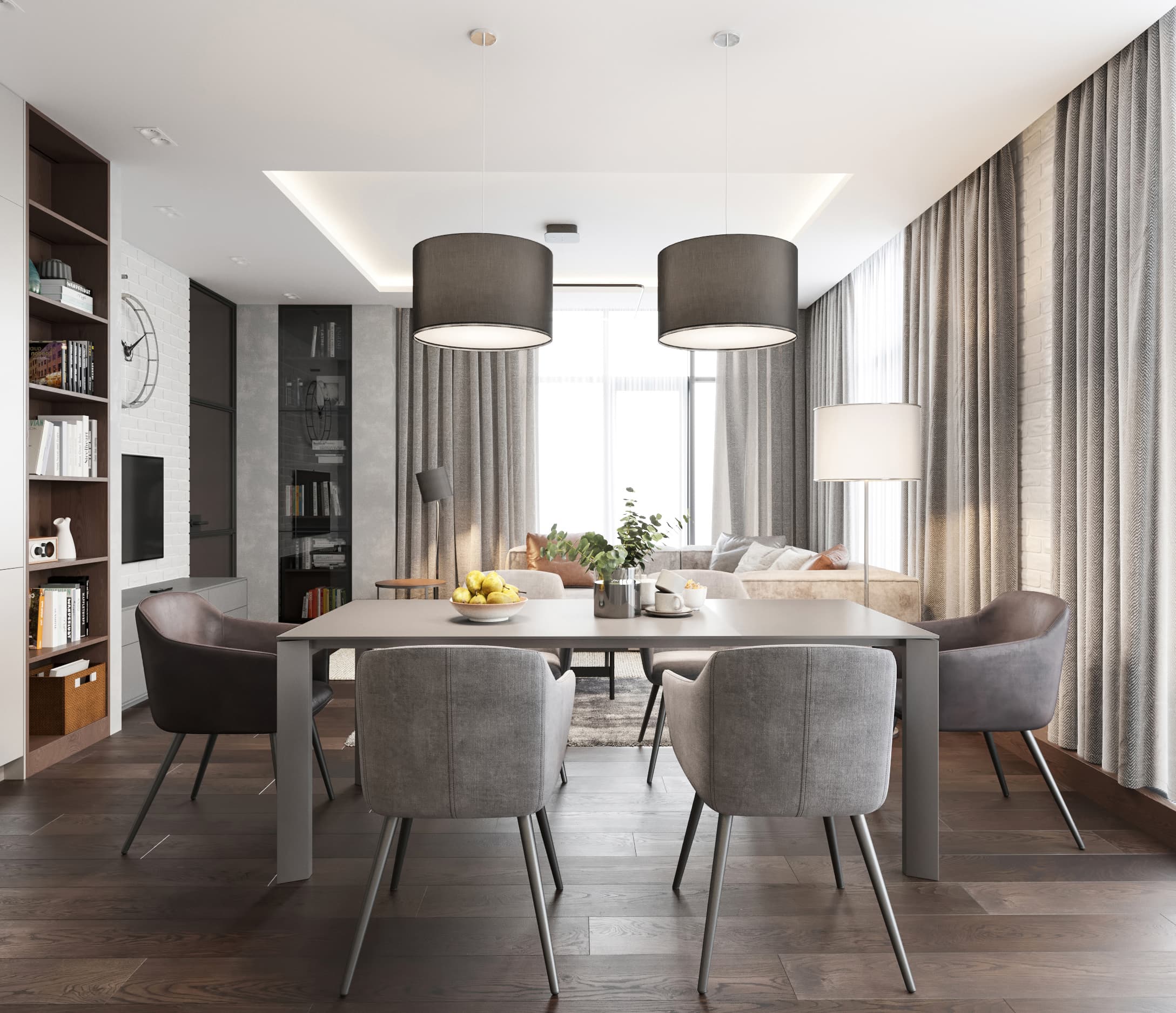 這張「現代簡約風格的餐廳」的照片是一個木質地板的空間,空間中有四張灰色椅子、一張木質餐桌、兩個吊燈,以及一個落地燈。