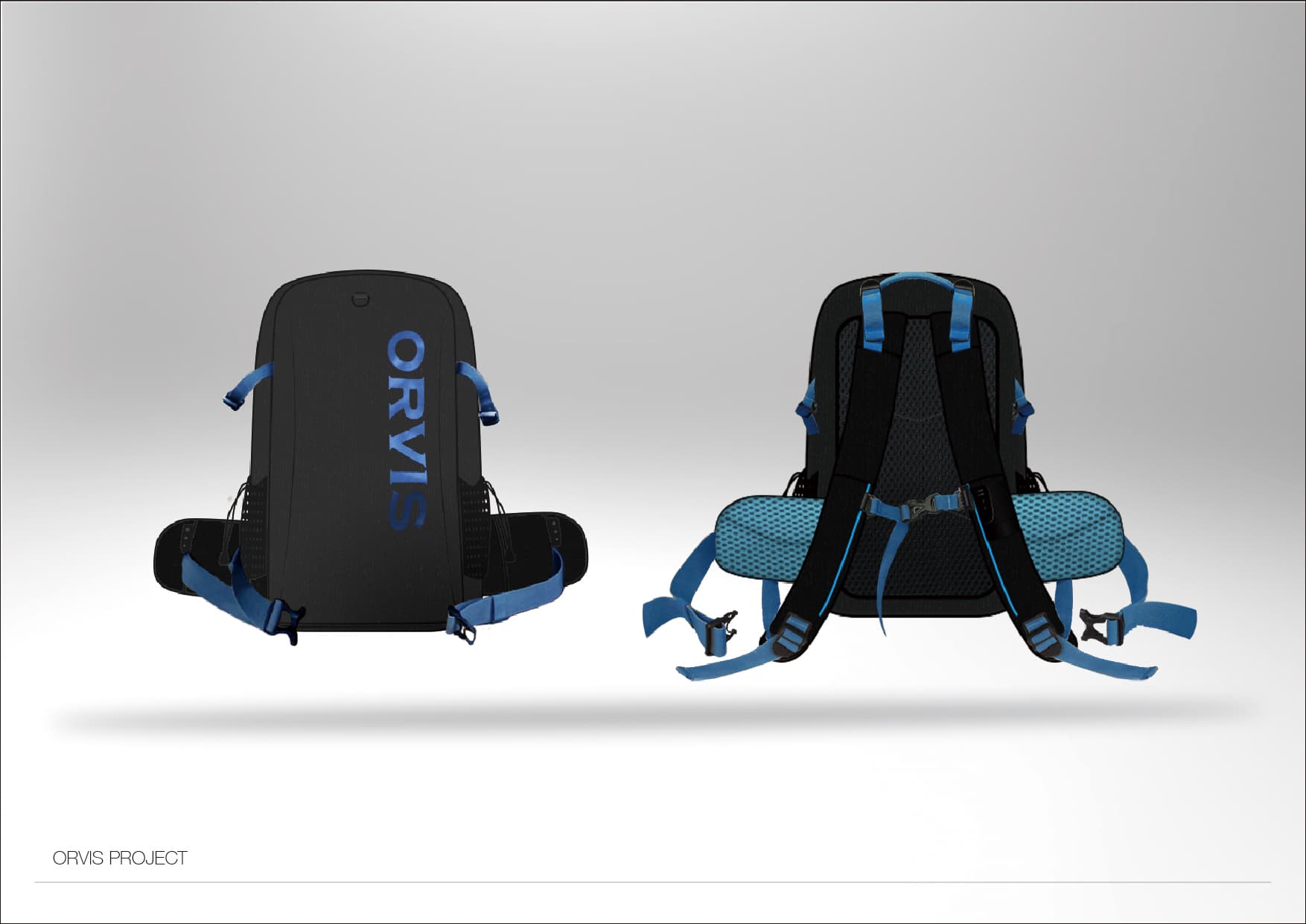 這張「揹包」的照片是兩個黑色揹包,一個是正面,一個是背面。正面揹包的右上角印有藍色「ORVIS」的字樣。
