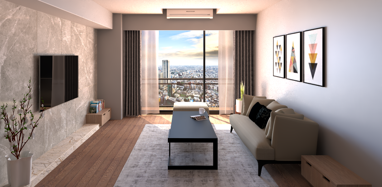 這張照片是一間擁有絕佳景觀的客廳,窗外是繁華的都市天際線,陽光灑落,令人感到舒適放鬆。