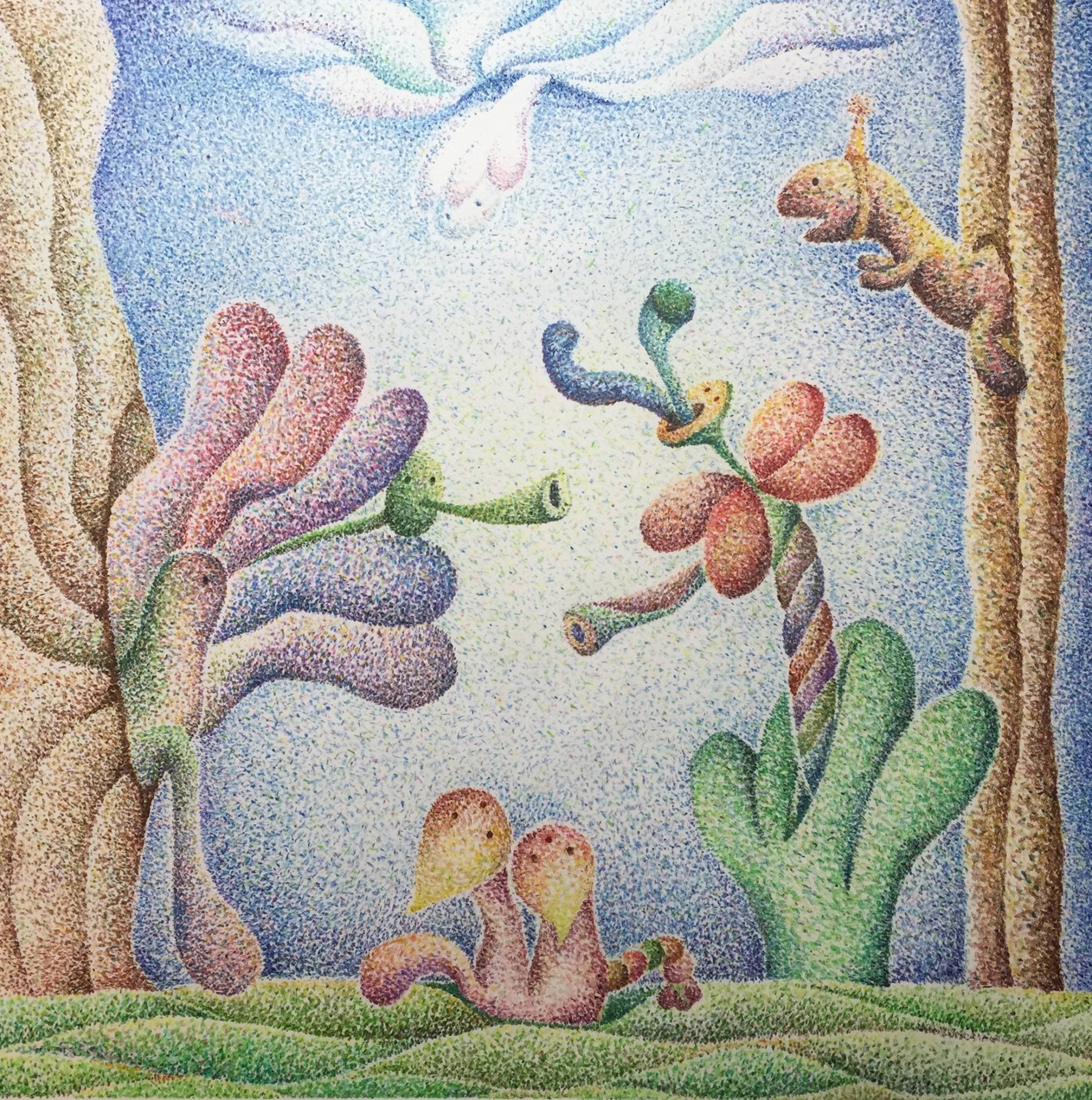 1) 這張照片顯示了在一個點點背景上的五個可愛的生物