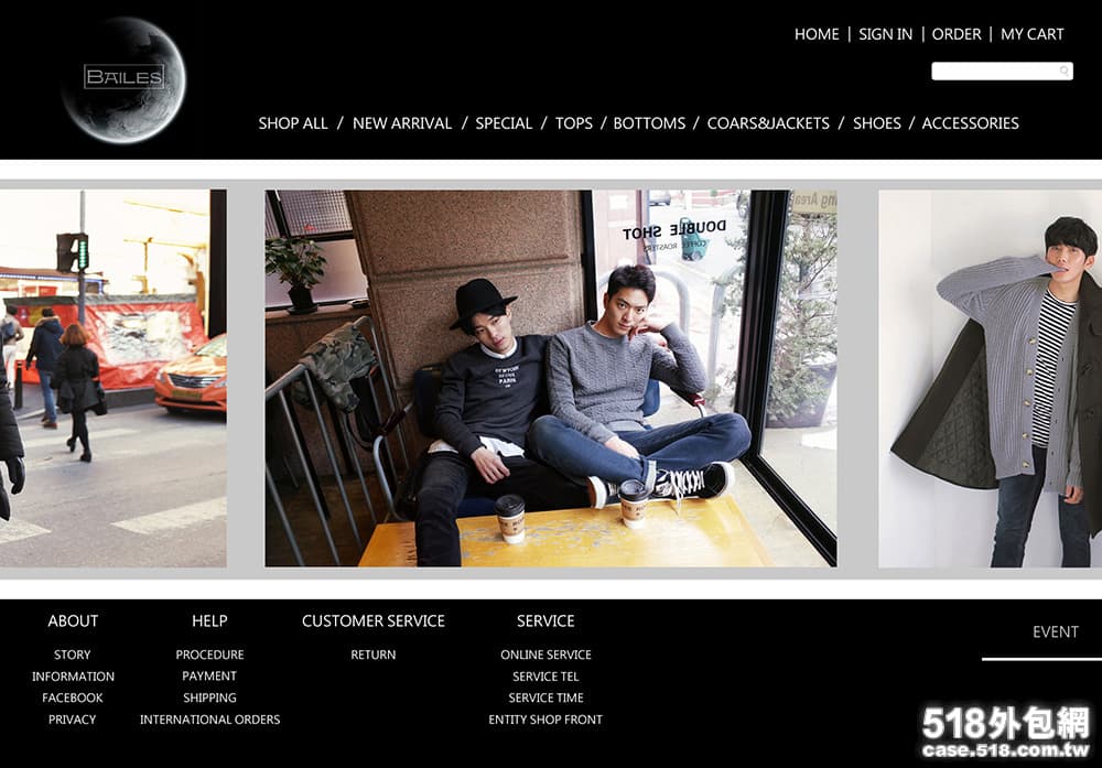 這張照片是一個網店的網站截圖,中間展示了兩位模特穿著該店服裝的照片,其中一位模特穿著灰色的開襟毛衣,另一位模特穿著黑色的長袖 T 恤。