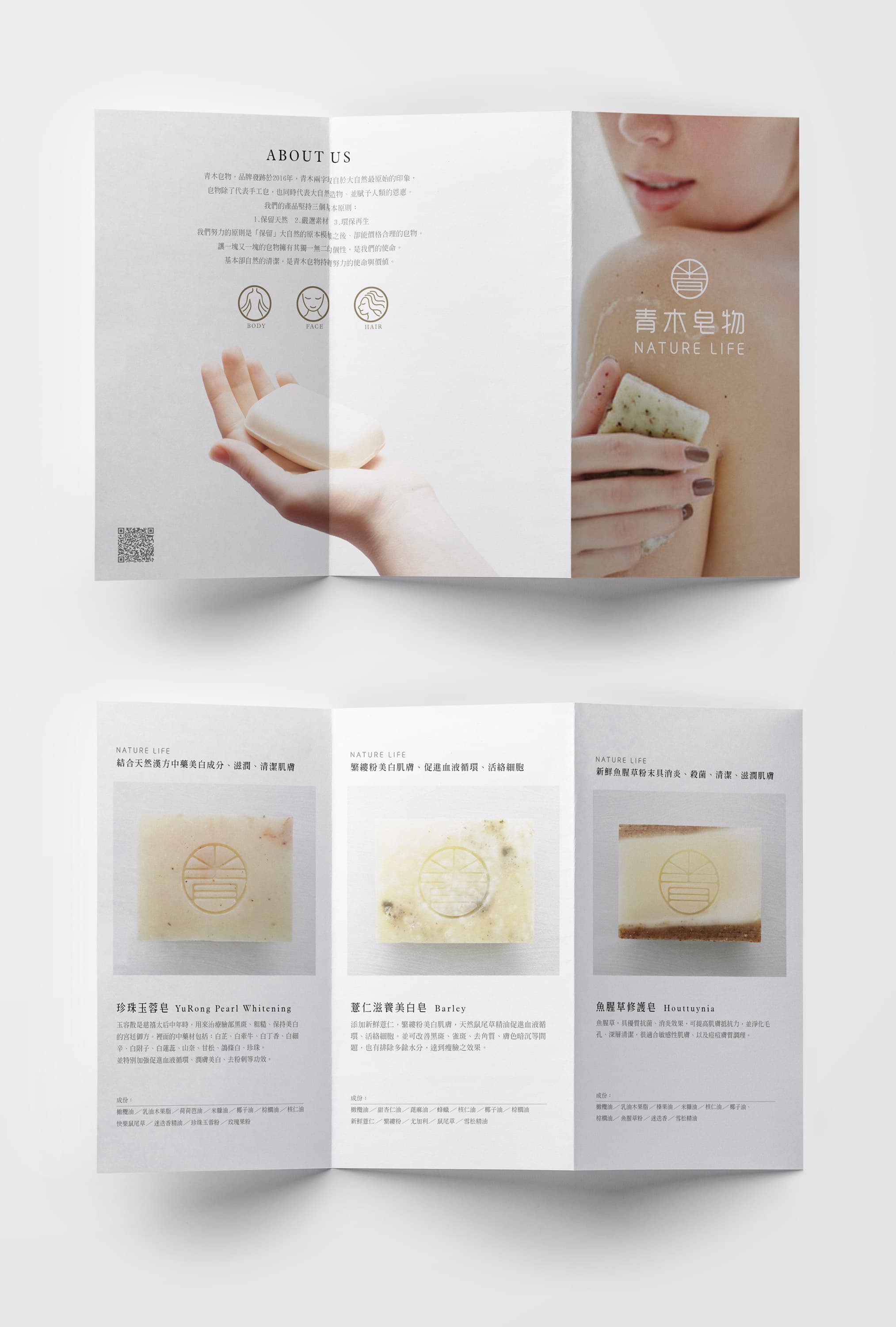 這張照片是一本介紹天然手工皂的宣傳冊,最重要的是冊子中間三種不同種類的肥皂產品介紹,每種肥皂都有一個詳細的說明,包括成分、功效和使用方法。